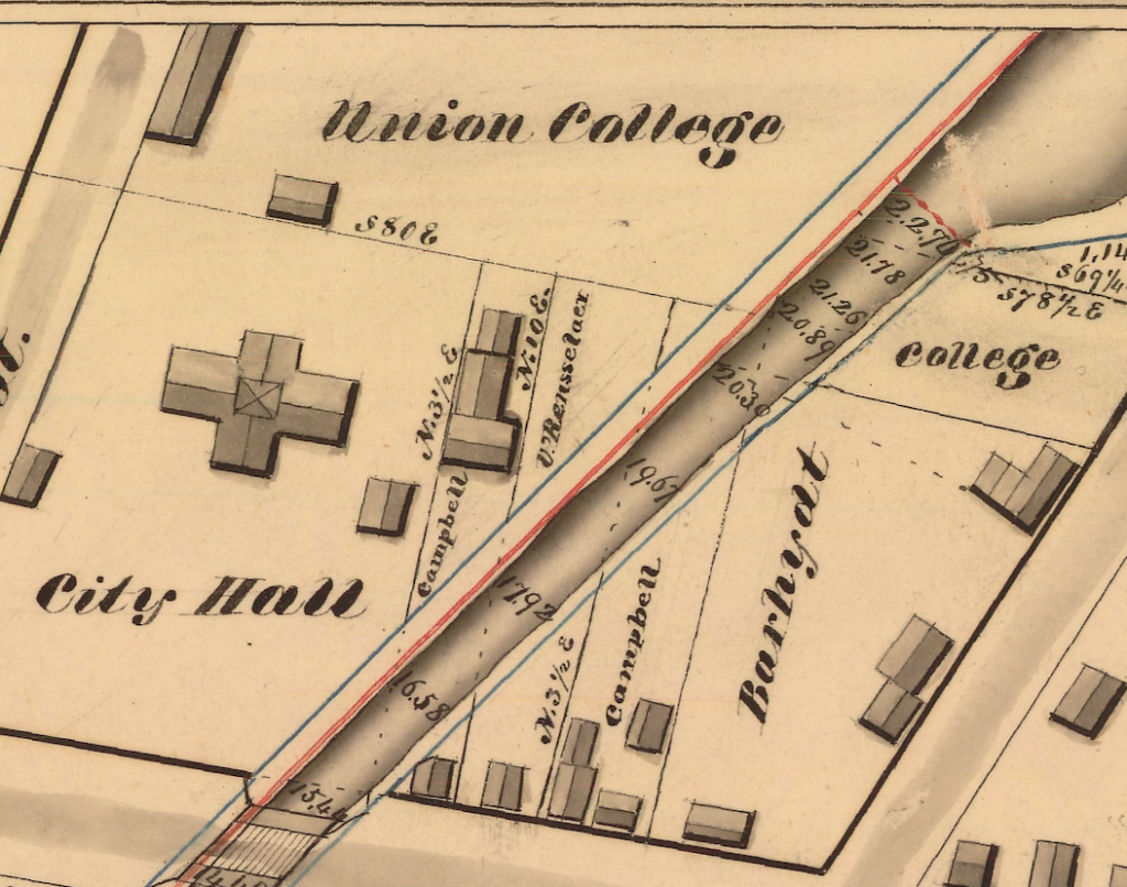 Showing the Erie Canal passing the old site of Union College and the former City Hall.